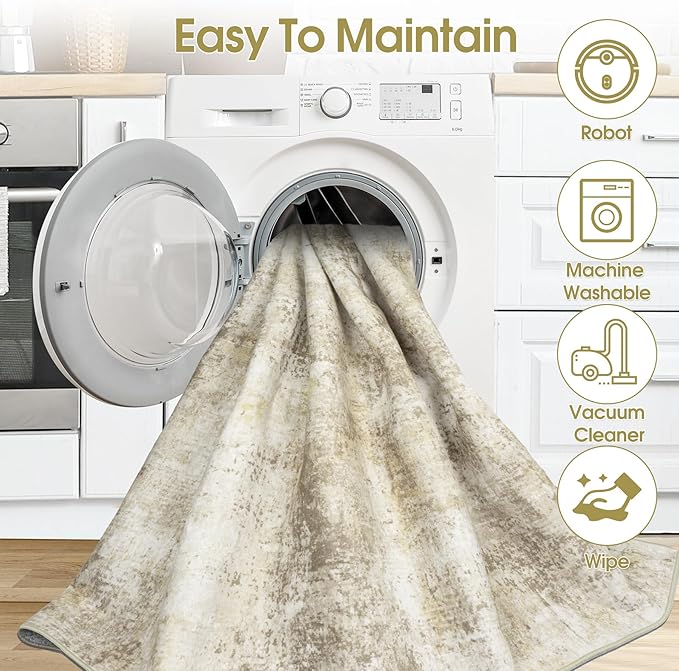 10x14 Area Rugs Living Room Rugs: Large Washable Rug with Anti-Slip Backing Non-Shedding Stain-Resistant Soft Abstract Carpet for Bedroom Dining Room Nursery Home Office Beige Grey