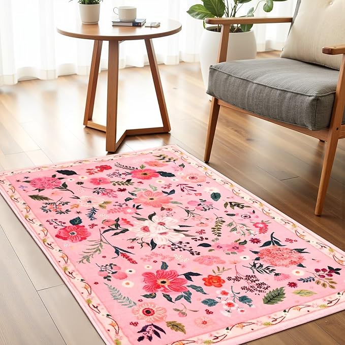 2x3 Pink Floral Rug for Entryway, Flowers Printed Washable Small Rugs with Non Slip Backing for Girls Bedroom Kitchen, Cute Throw Carpet Front Door Entry Decor