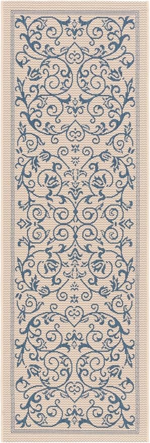 SAFAVIEH Courtyard Collection Runner Rug - 2'3" x 12', Natural & Blue, Scroll Design, Non-Shedding & Easy Care, Indoor/Outdoor & Washable-Ideal for Patio, Backyard, Mudroom (CY2098-3101)