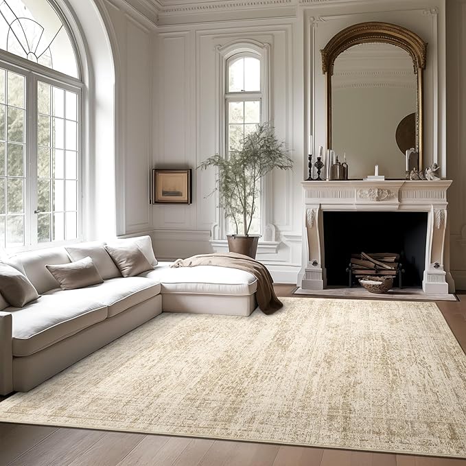 Washable Area Rug 8x10, Large Soft Rugs for Living Room Vintage Beige Carpet 8x10 Area Rugs for Bedroom Dining Room Non-Slip Stain Resistant Under Table Rug