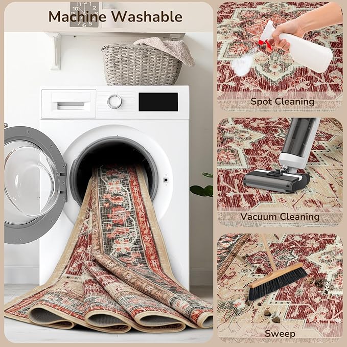 BESTSWEETIE 6x9 Area Rugs for Living Room, Washable Ultra Soft Boho Vintage Print Pattern Rug Non Slip Low Pile Carpet for Dining Room Bedroom Entryway Indoor-Wine/Natural/Red/Black