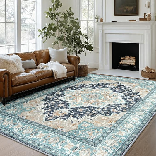 BESTSWEETIE 9x12 Area Rugs for Living Room, Washable Ultra Soft Boho Vintage Print Pattern Rug Non Slip Low Pile Carpet for Dining Room Bedroom Entryway Indoor-Navy/Light Blue/Natural