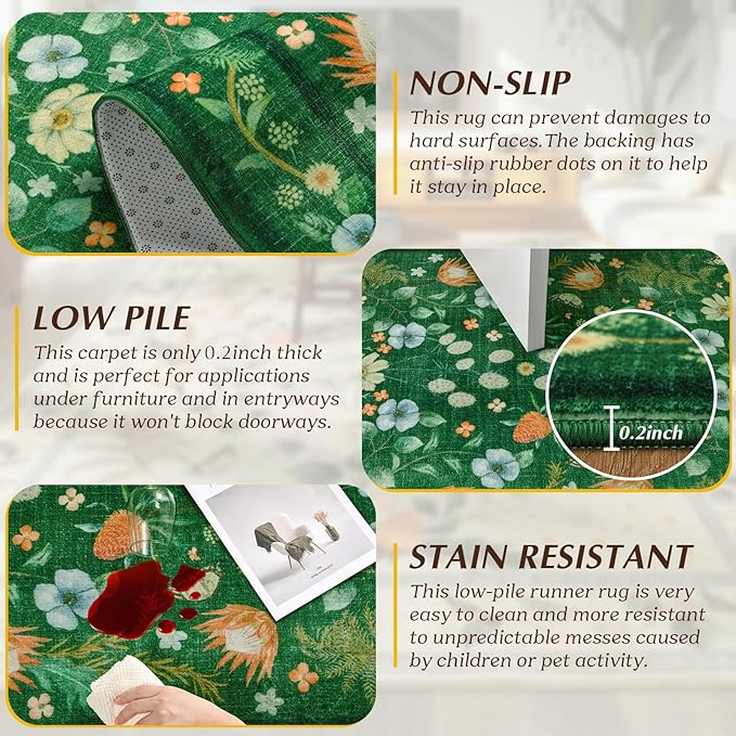 Area Rugs for Living Room, Washable 5x7 Vintage Rug for Bedroom, Non-Slip Floral Carpet for Home Office Nursery Dining Room Kitchen, Green