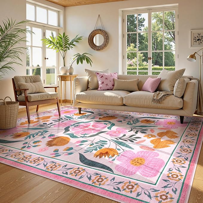 Beeiva Floral Pink Rugs for Living Room 8x10, Soft Washable Area Rugs Ultra Thin with Low Plie, Large Non Slip Throw Carpet for Bedroom Nursery Dining Room (Pink,8'x10)