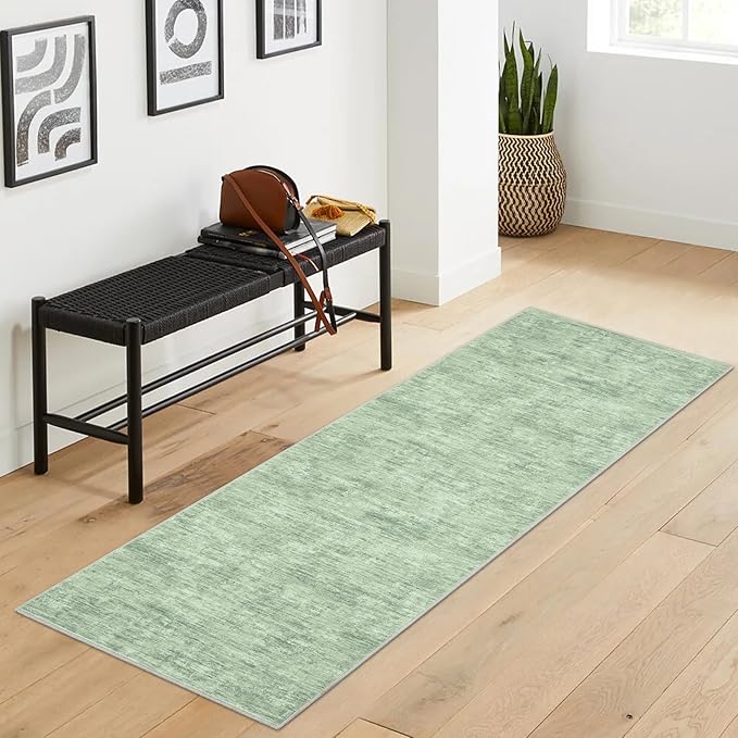 2x6 Runner Rug Washable Kitchen Runner Rug Modern Abstract Area Rug for Hallway Contemporary Solid Mat Non-Slip Foldable Aesthetic Accent Floor Carpet for Living Room Bedroom, Green