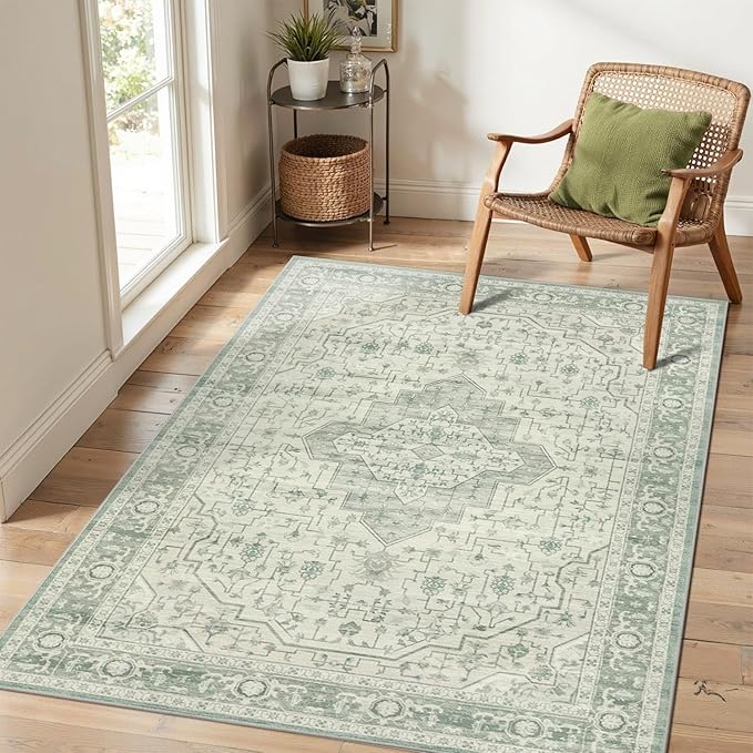 4x6 Washable Area Rug for Living Room, Vintage Boho Rugs for Office, Dining Room, Kids Room, Farmhouse, Durable Low Pile Non Slip Carpet for High Traffic Areas, Sage Green