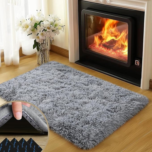 2x3 Rugs for Bedroom, Fluffy Area Rugs for Living Room, Soft Shag Kids Rug Small Carpet with 4 Non-Slip Rug Pads (Light Grey, 2ft x 3ft)