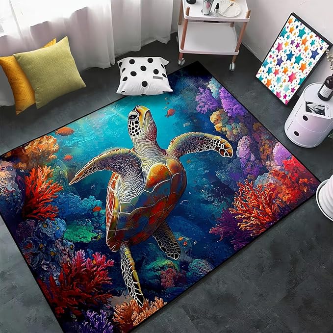 Sea Turtles Rug - Sea Turtle for Kids Boys Coastal Rugs for Bedroom Coral Ocean Life Theme Decor Ocean Carpet Rug, 4x5 Feet