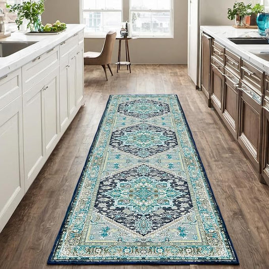 BESTSWEETIE 2x8 Area Rugs for Living Room Washable Non Slip Carpet Low Pile Soft Vintage Print Pattern Rug for Bedroom Dining Room Kitchen Entryway Indoor-Teal/Navy/Green/Yellow