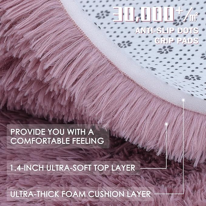 OLANLY Blush Round Rugs for Bedroom - Machine Washable, 7x7 Feet Circle Area Rugs for Living Room, Soft and Fluffy Shaggy Carpet for Teen Girls and Boys, Dorms, Nursery Rooms, Home Decor Aesthetic