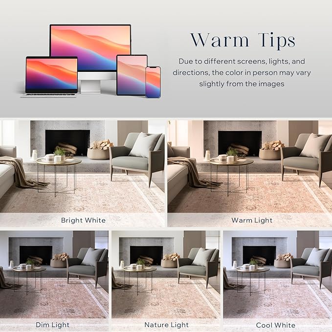 Phantoscope Vintage Collection Area Rug 5'x7' for Living Room - Washable Rug Large Boho Carpet Non-Slip for Bedroom Dining Room, Indoor Low-Pile Neutral Distressed Accent Rug, Soft Pink/Beige