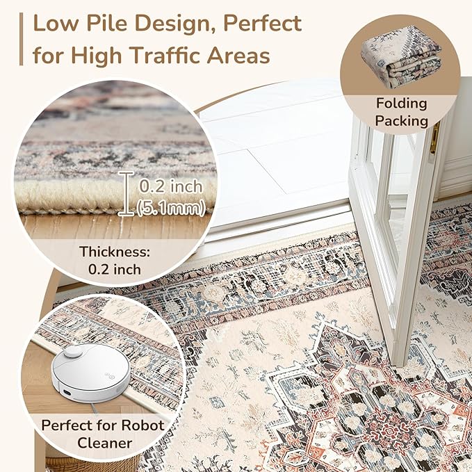 BESTSWEETIE 2x10 Area Rugs for Living Room Washable Non Slip Carpet Low Pile Soft Vintage Print Pattern Rug for Bedroom Dining Room Kitchen Entryway Indoor-Khaki/Beige/Purple/Black/Brick