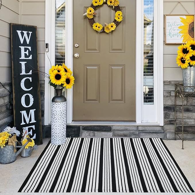 Black and White Striped Outdoor Rug 27.5"x43" Cotton Hand-Woven Reversible Foldable Washable Area Rug for Layered Door Mats Porch/Front Door, Entryway, Laundry Room, Farmhouse, Kitchen (27.5'' x 43'')