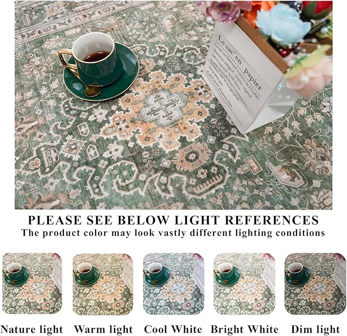 10x14 Rug Living Room: Extra Large Washable Area Rugs Super Soft Distressed Oriental Rugs with Non Slip Backing Farmhouse Rug Low Pile Thin Stain Resistant Indoor Carpet 10x14 Green/Multi