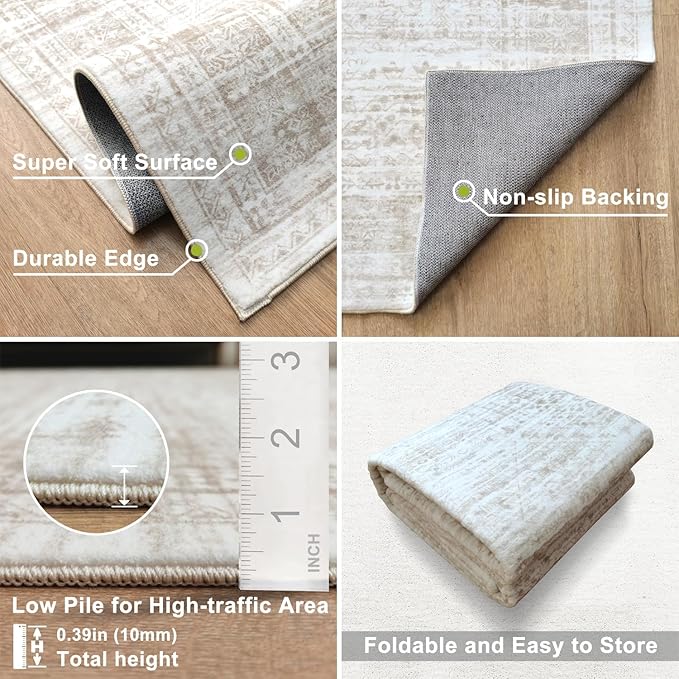 Bohemian Rugs for Entryway, Runner Rug 2x6 Non Slip Machine Washable Boho Hallway Runner Rug, Low Pile、Corridor and Kitchen Aqua and Multi Color Beige Color