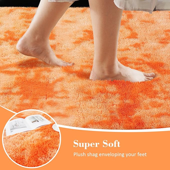 Mottling Orange Fluffy Rug Shaggy Area Rug, 9x12 Area Rugs for Girls Bedroom, Big Soft Shaggy Bedside Non-Slip Plush Dorm Nursery Kids Carpet Home Decor Aesthetic