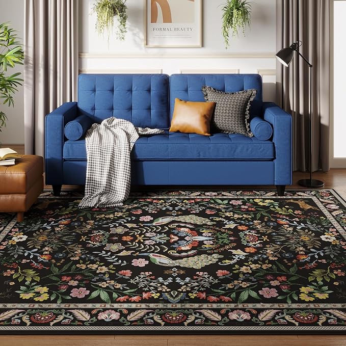 9x12 Area Rugs for Living Room Washable Rug Floral Non-Slip Large Rug for Living Room, Bedroom, Farmhouse, Dining Room, Kids Playroom (Vibrant Black)