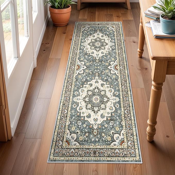 Washable Oriental Hallway Runner Rug - 2x6 Rugs for Living Room Soft Carpet for Bedroom Kitchen Waterproof Floral Distressed Indoor Stain Resistant Non-Shedding Floor Carpets (Blue, 2X6)
