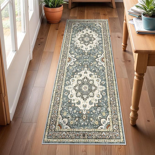 Washable Oriental Hallway Runner Rug - 2x6 Rugs for Living Room Soft Carpet for Bedroom Kitchen Waterproof Floral Distressed Indoor Stain Resistant Non-Shedding Floor Carpets (Blue, 2X6)
