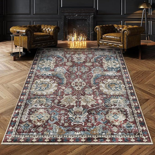 Washable Area Rugs - Perfect for Living Room, Bedroom, Kids Room, Nursery - Stain & Water Resistant Non-Slip, Pet & Child Friendly, Vintage Tribal Area Rugs (Rust and Blue, 6' x 9')
