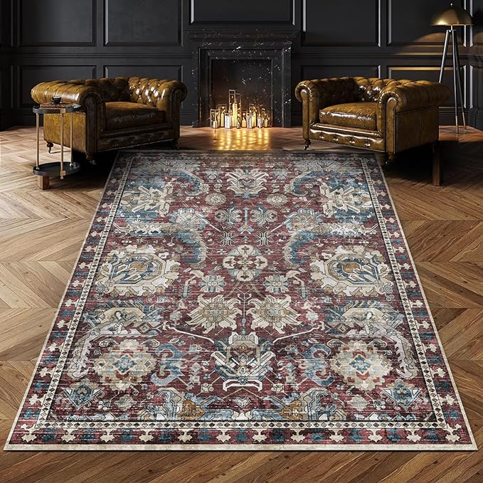 Washable Area Rugs - Perfect for Living Room, Bedroom, Kids Room, Nursery - Stain & Water Resistant Non-Slip, Pet & Child Friendly, Vintage Tribal Area Rugs (Rust and Blue, 8' x 10')