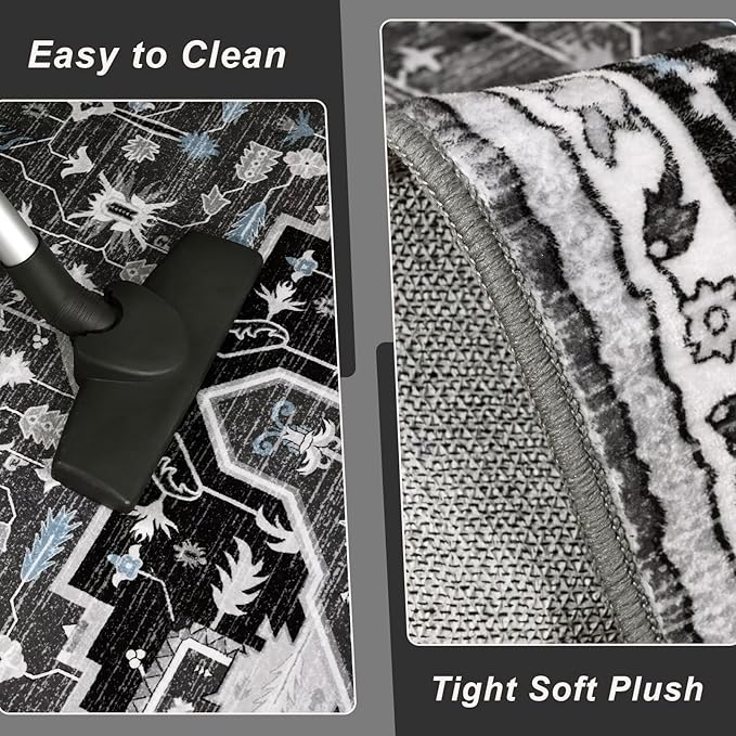 2x3 Black Grey Small Area Rug for Entryway, Soft Washable Rugs with Non-Slip Backing for Bedroom Kitchen, Vintage Throw Carpet Laundry Entry Front Door Decor