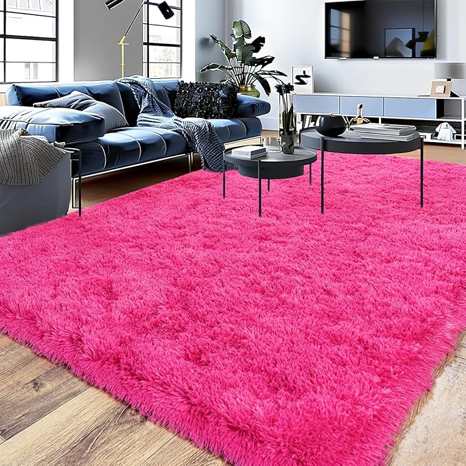 Shaggy 5x7 Area Rug, Shag Hot Pink Rug-Fuzzy Rugs for Living Room, Kids Boys Living Bedroom Decor - Modern High Pile Non Slip Area Rug