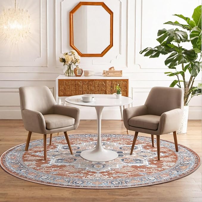 BESTSWEETIE 6ft Area Rugs for Living Room Washable Non Slip Carpet Low Pile Soft Vintage Print Pattern Rug for Bedroom Dining Room Kitchen Entryway Indoor-Brick/Blue/Light Ivory