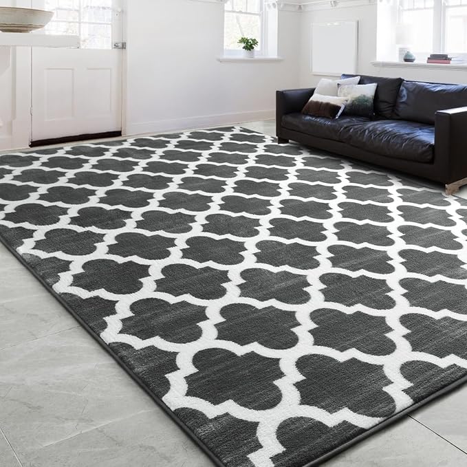 Large 6x9 Geometric Shag Modern Area Rug for Living Room Bedroom, Distressed Moroccan Fluffy Rug Indoor Carpets for Kids Nursery Bedside Room Decor, Memory Foam Shaggy Rugs, Dark Grey/White