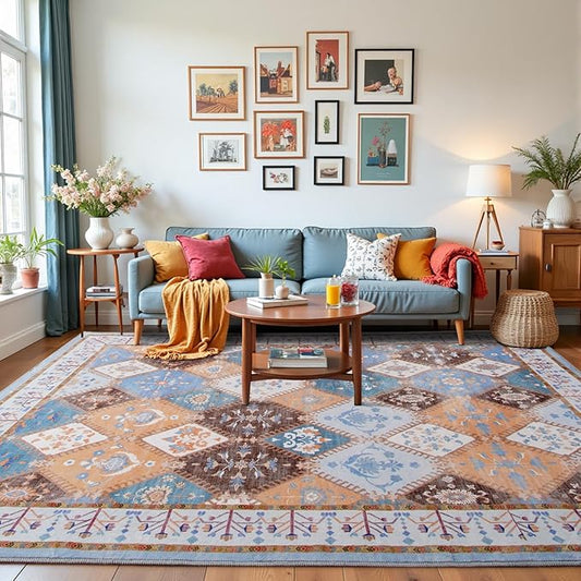 Blue Washable Area Rug for Living Room,8x10 Boho Non-Slip Bedroom Rugs, Moroccan Floral Trellis Carpet Soft Low Pile Accent Indoor Mat for Kitchen Laundry Room