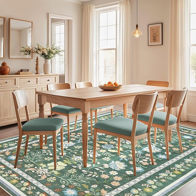 10x14 Area Rug Living Room Rugs - Washable Boho Vintage Floral Large Soft Non Slip Thin Rug Low Pile Carpet for Bedroom Dining Room Kids Playroom Office Decor Indoor- Green