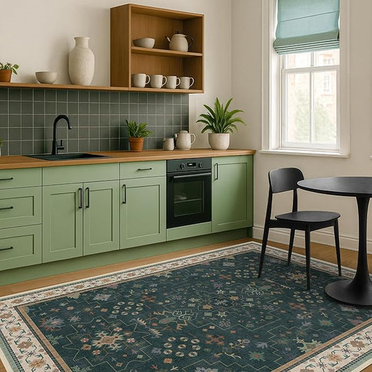 Vintage Dark Green 6x9 Dining Room Rugs for Under Kitchen Table - Washable Livinig Room Rug - Unique Floral Pastel Low Pile Non-Slip Large Area Rugs for Bedroom