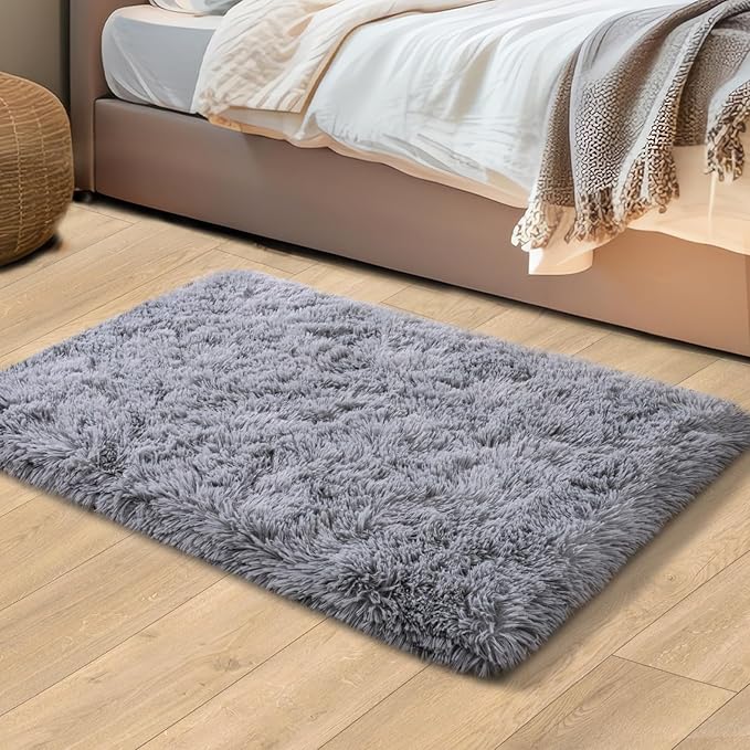 2x3 Rugs for Bedroom, Fluffy Area Rugs for Living Room, Soft Shag Kids Rug Small Carpet with 4 Non-Slip Rug Pads (Light Grey, 2ft x 3ft)