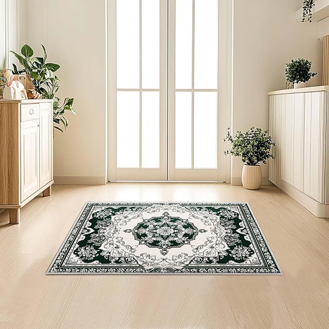 2x3 Area Rug Machine Washable Entryway Rugs White Green Vintage Boho Rug Non-Slip Low Pile Door Mat Entrance Small Carpet for Home Kitchen Bathroom Bedroom