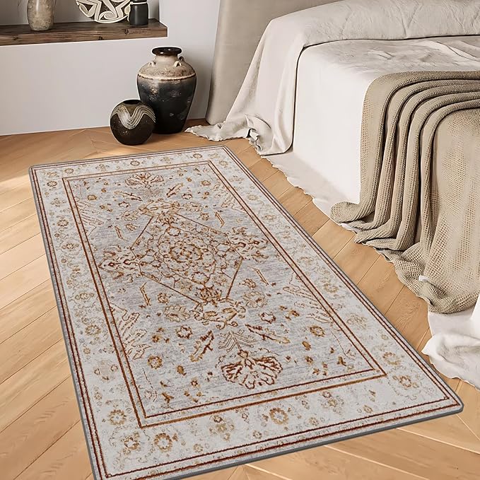 2x6 Washable Non-Slip Vintage Chenille Area Rug,Low Pile Distressed Floral Carpet for Entryway Kitchen, Boho Farmhouse Stain Resistant Indoor Rug