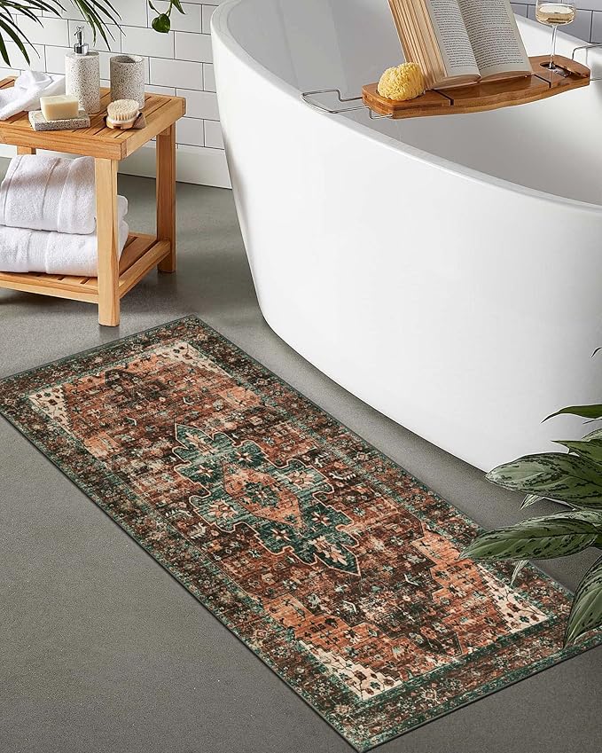 Moynesa Ultra-Thin Washable Rug - 2x4 Laundry Room Rug Non-Slip Kitchen Runner, Vintage Stain Resistant Non-Shedding Carpet for Bathroom, Living Room, Hallway, Brown