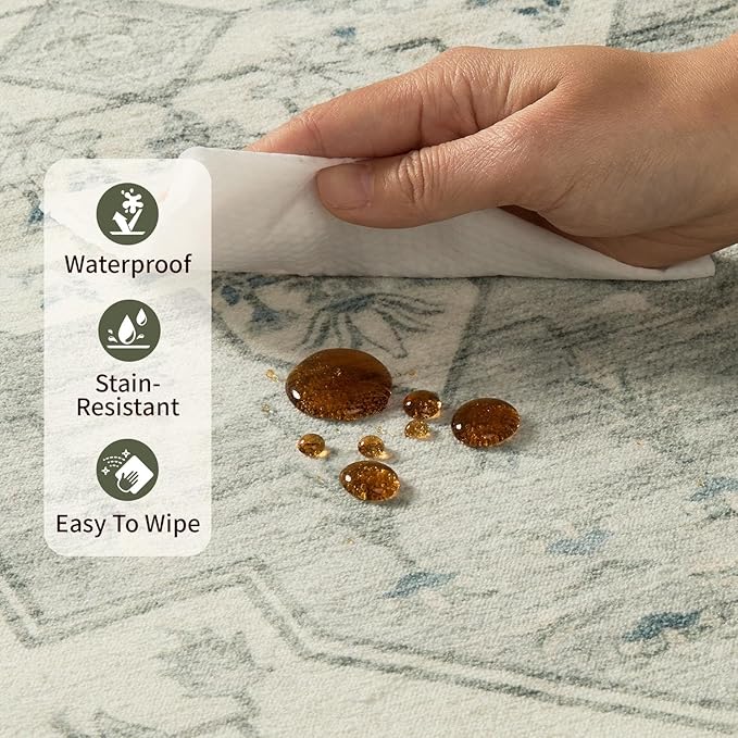 4x6 Washable Area Rug for Living Room, Vintage Boho Rugs for Office, Dining Room, Kids Room, Farmhouse, Durable Low Pile Non Slip Carpet for High Traffic Areas, Sage Green