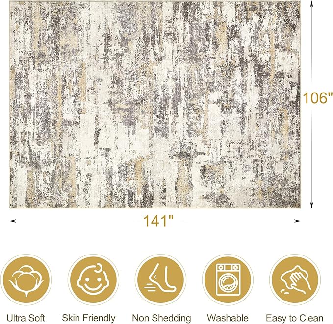 Area Rugs for Living Room: 9x12 Abstract Washable Rug Modern Neutral Large Soft Stain Resistant Non-Slip Backing Machine Table for Bedroom Dining Room Indoor Home Office Carpet - Gold Brown
