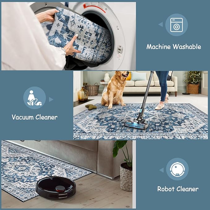 Moynesa Ultra-Thin Washable Runner Rug - 2x6 Blue Laundry Room Rug Washable Kitchen Runners Bathroom Carpet Runner, Oriental Printed Pet Friendly Hallway Runners for Bedroom Entrance Entryway RV