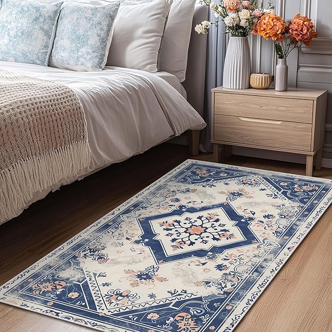 3x5 Entryway Rug Vintage Oriental Navy Blue Boho Beige Small Area Rug Bedroom Bedside Thin Carpet Bathroom Non Slip Indoor Entrance Low Pile Door Mat Kitchen Stain Resistant Washable Machine
