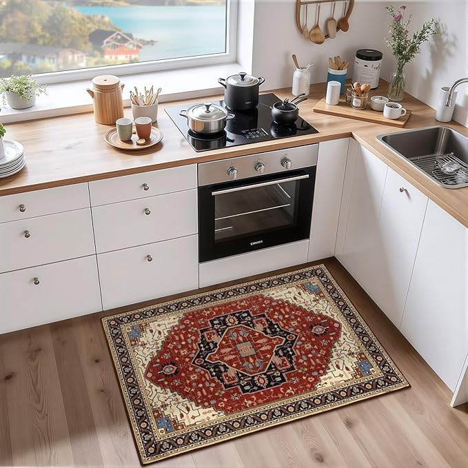 2x3 Orange Red Small Area Rug for Entryway, Soft Washable Rugs with Non-Slip Backing for Bedroom Kitchen, Vintage Throw Carpet Laundry Entry Front Door Decor