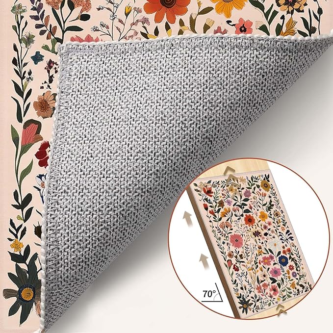 4x6 Rug Boho Floral Area Rug Bedroom Ultra-Thin Soft Low Pile Large Carpet Living Room Non Slip Dining Room Office Stain Resistant Washable Machine