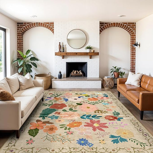 YOUFORTONG Washable Rug 9x12 Area Rugs: Soft Ultra Thin Low Pile Mat Machine Washable Indoor Doormat Lightweight Entry Rug Anti Slip Backing Rugs for Living Room Bedroom Kitchen 9'x12' Beige Floral