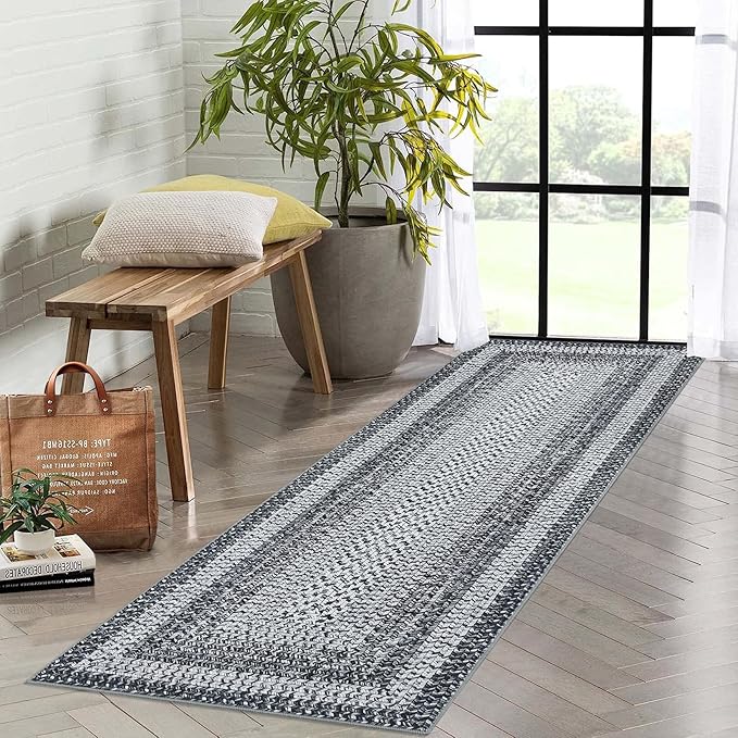 Printed Washable Runner Rug 2x10 Runner Modern Non Slip Kitchen Rug Braided Pattern Low Pile Soft Bath Mat Stain Resistant Carpet for Entryway Bedroom Hallway Laundry 2'x10' Grey/Taupe