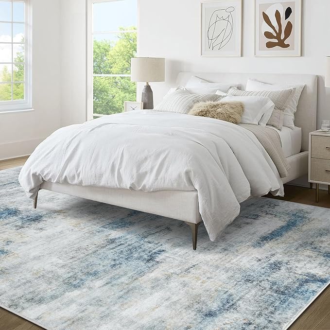 4'x6' Washable Area Rug - Modern Abstract Carpets for Living Room, Bedroom & Dining Room, Stain Resistant, Soft Non-Slip, Machine Washable (Blue Grey)