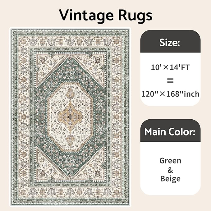 10x14 Washable Vintage Rug: Oriental Rugs for Living Room Non Slip Backing Stain Resistant Large Indoor Carpet for Bedroom Area Rug Dining Room Decor(Green,10x14FT)