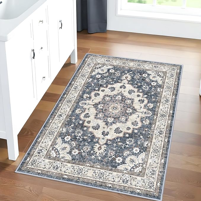 Washable 2x3 Entryway Area Rug: Vintage Non-Slip Backing Rugs for Kitchen Bathroom Water Resistant Carpet for Bedroom Soft Low Pile Front Door Mat for Dining Room 2x3 Blue