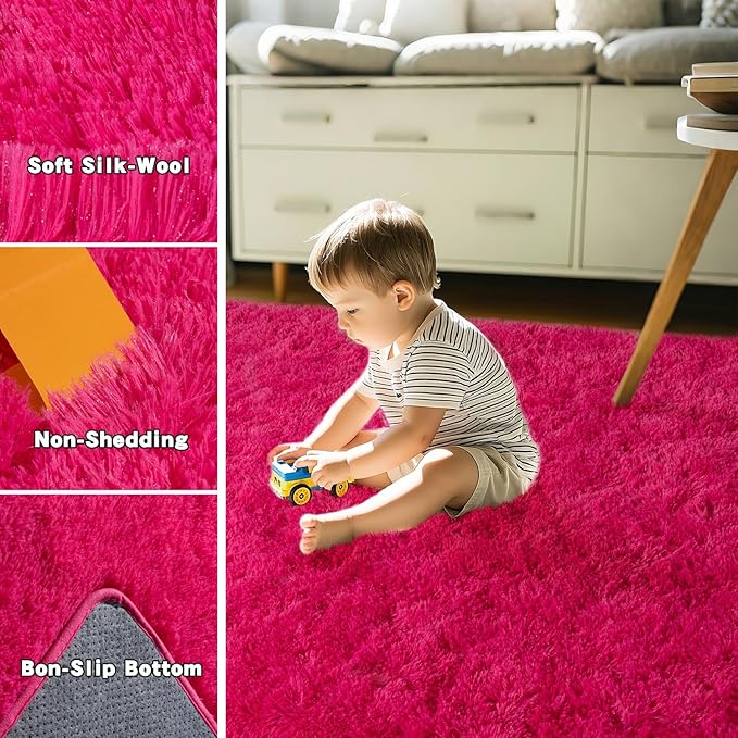 Hot Red Fluffy Rug for Bedroom 4x5.9 ft - Ultra Soft & Non Slip Shaggy Area Rug, Comfy Durable Carpet for Living Room Kids Room Teens Dorm Home Decor, 1.7'' Thick Indoor Plush Carpets