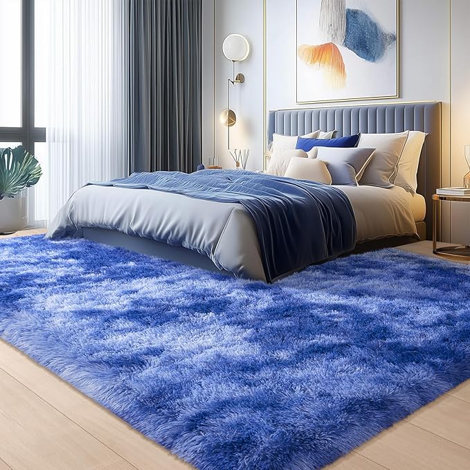 6x9 Large Blue Rugs for Bedroom Kids Boys Room, Soft Fluffy Shag Rug for Living Room, Non Slip Fuzzy Plush Carpet for Nursery Dorm Home Decor Aesthetic, Shaggy Indoor Floor Rug, Tie-dye Blue