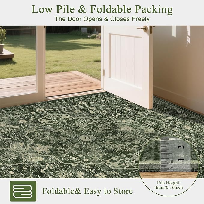 U'Artlines Boho Vintage Area Rug 8x10 Machine Washable Low Pile Soft Floor Carpet Non Slip Non Shedding Accent Rug for Living Room Bedroom Entryway Dining Room Office Dark Green